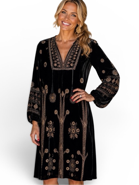 Johnny Was Dresses & Skirts - Johnny Was Heidi Velvet Yoke Dress Embroidered Beaded Tassel NWT